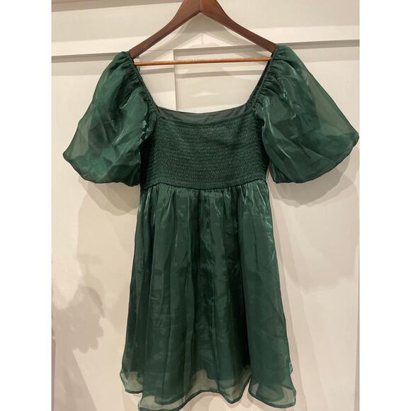 Entro Green Organza Party Bubble Sleeve Mini Dress, L - Picture 9 of 9